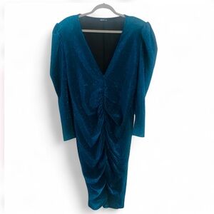 SHEIN CURVE BLUE RUCHED SPARKLY LONG SLEEVE PULLOVER DRESS SIZE 1XL